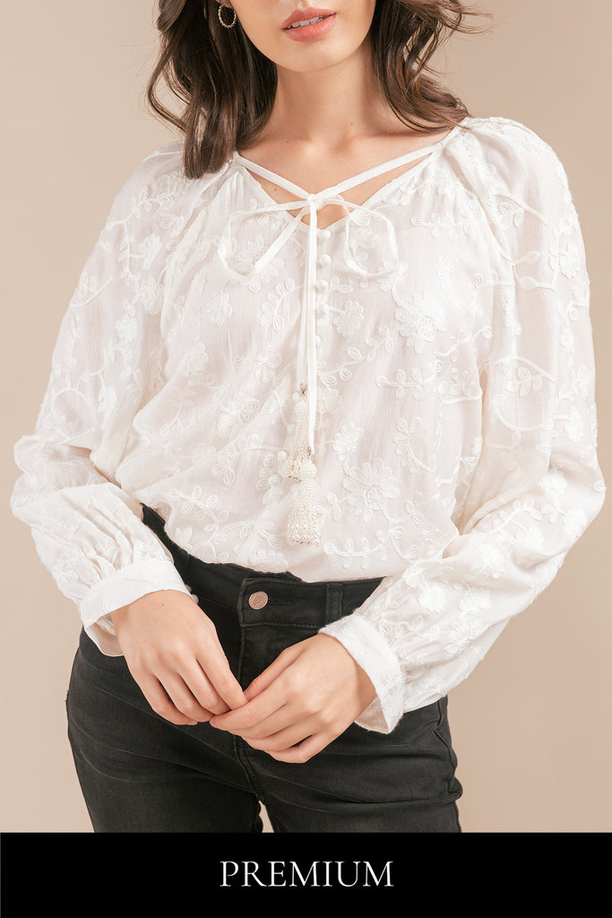 Cellina Floral Embroidered Ribbon Tie Blouse