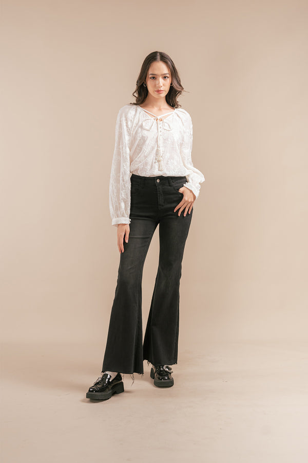 Cellina Floral Embroidered Ribbon Tie Blouse