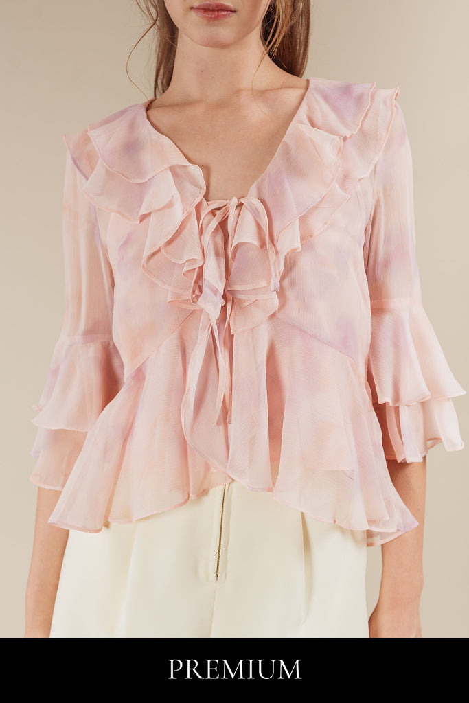 Enovie Sheer Ruffled Tiered Blouse