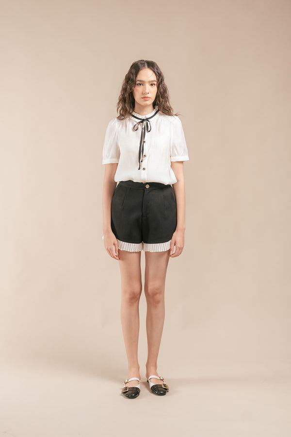 Gerlissa Pleated Ruffled Ribbon Tie Short Sleeve Blouse and Shorts Set