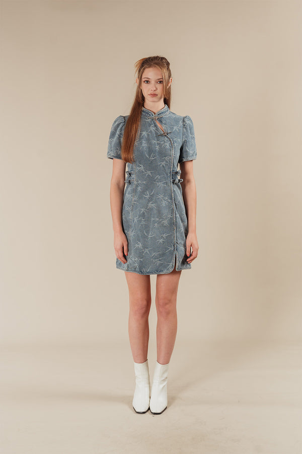 Gevolline Denim Bamboo Short Cheongsam Dress