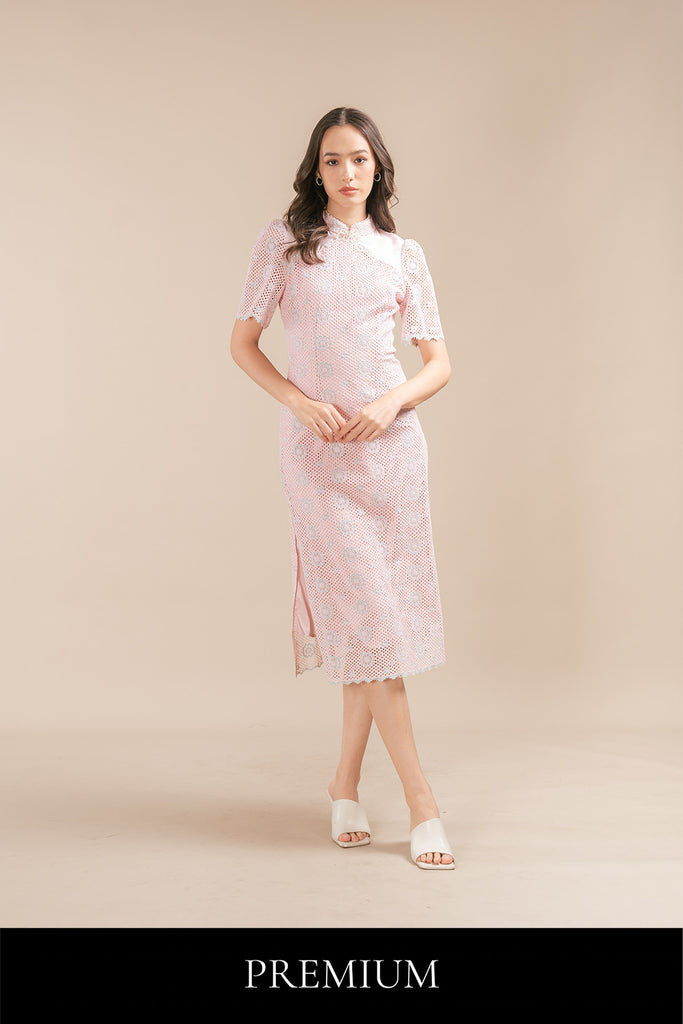 Hanlynn Floral Eyelet Cheongsam Style Maxi Dress