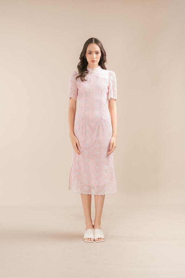 Hanlynn Floral Eyelet Cheongsam Style Maxi Dress