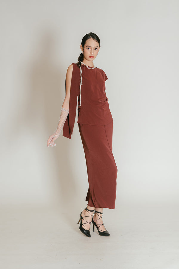 Inessha Ribbon Scarf Ruched Top and Maxi Skirt Set