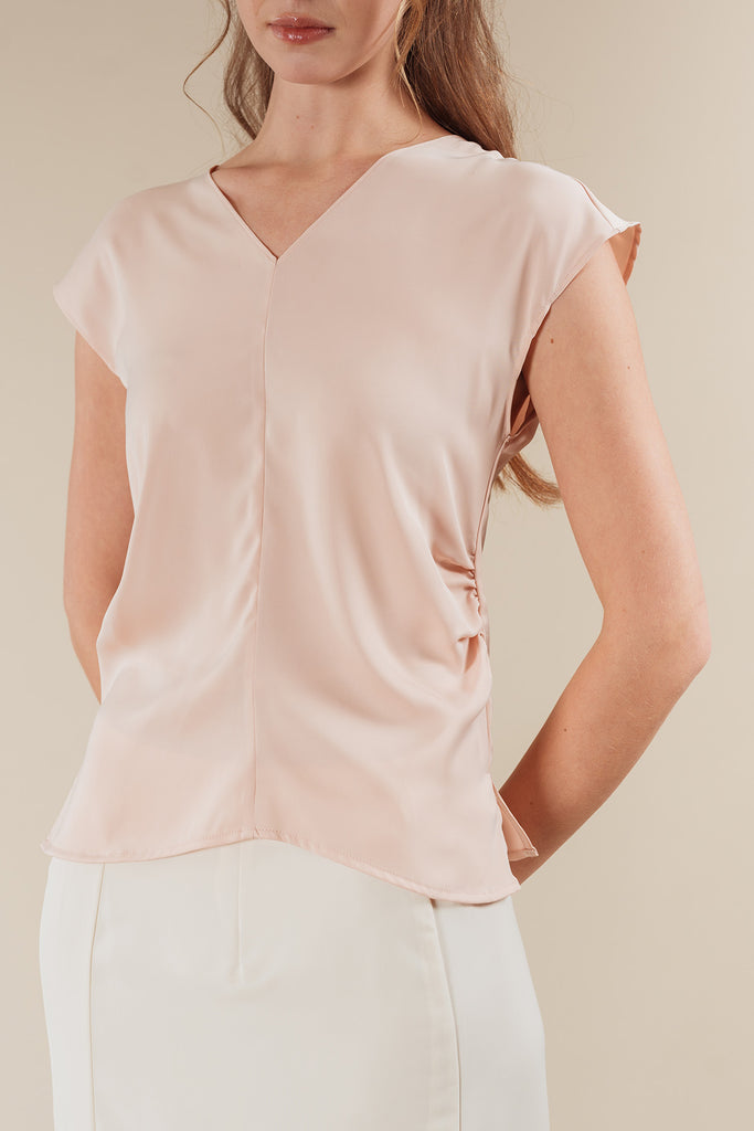 Lovinna Satin Ruched Cap Sleeve Top