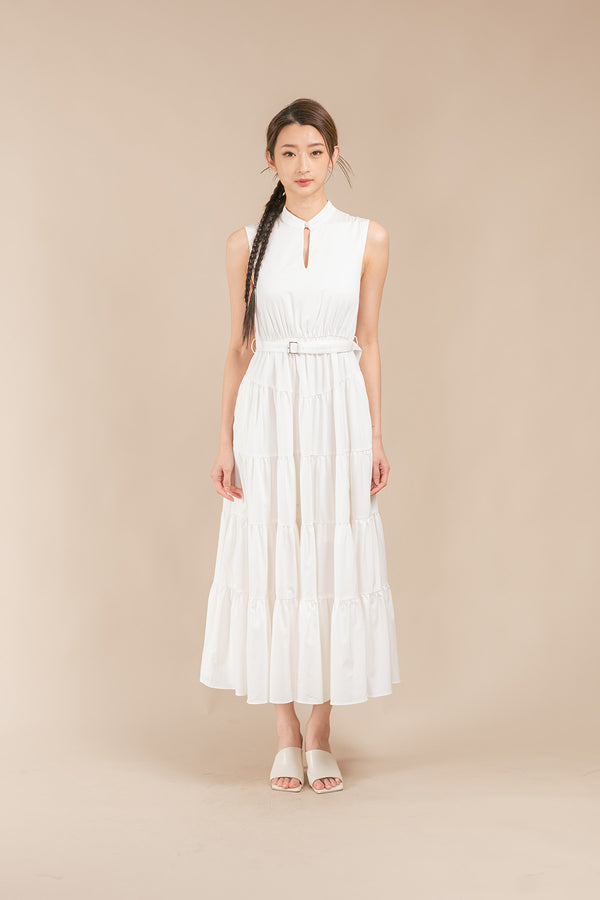 Pevinne Sleeveless Belted Tiered Maxi Dress