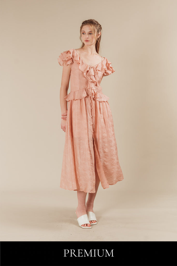 Tinessha Ruffled Ribbon Overlay Tie Maxi Dress