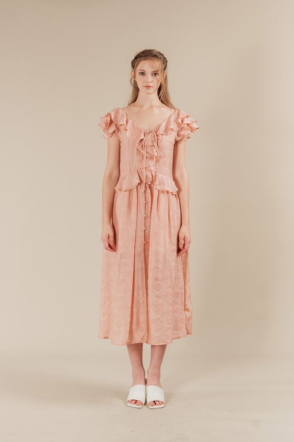 Tinessha Ruffled Ribbon Overlay Tie Maxi Dress