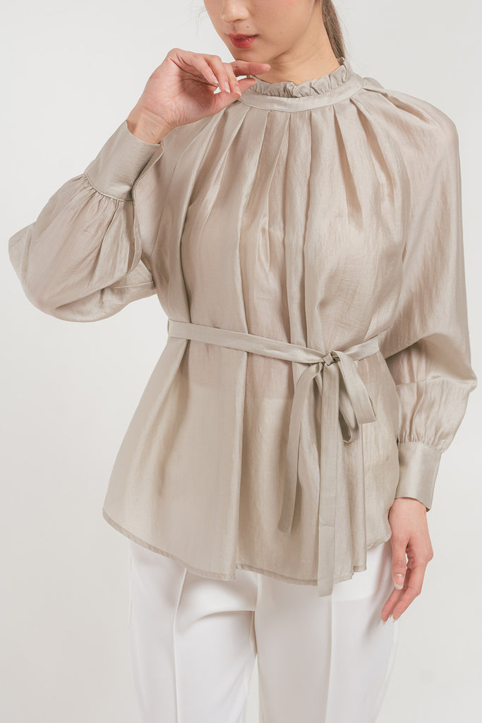 Yovinna Ruffled Ribbon Waist Tie Blouse