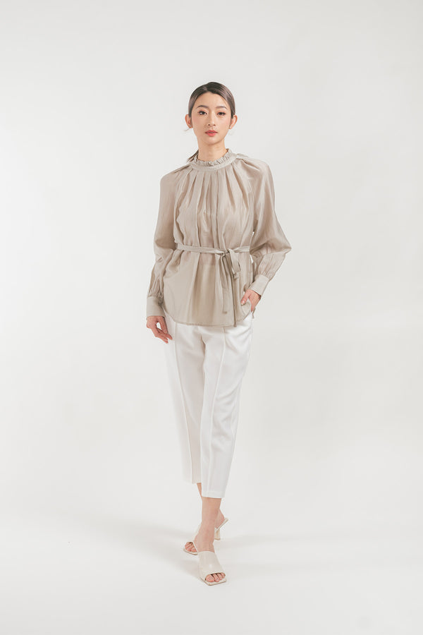 Yovinna Ruffled Ribbon Waist Tie Blouse