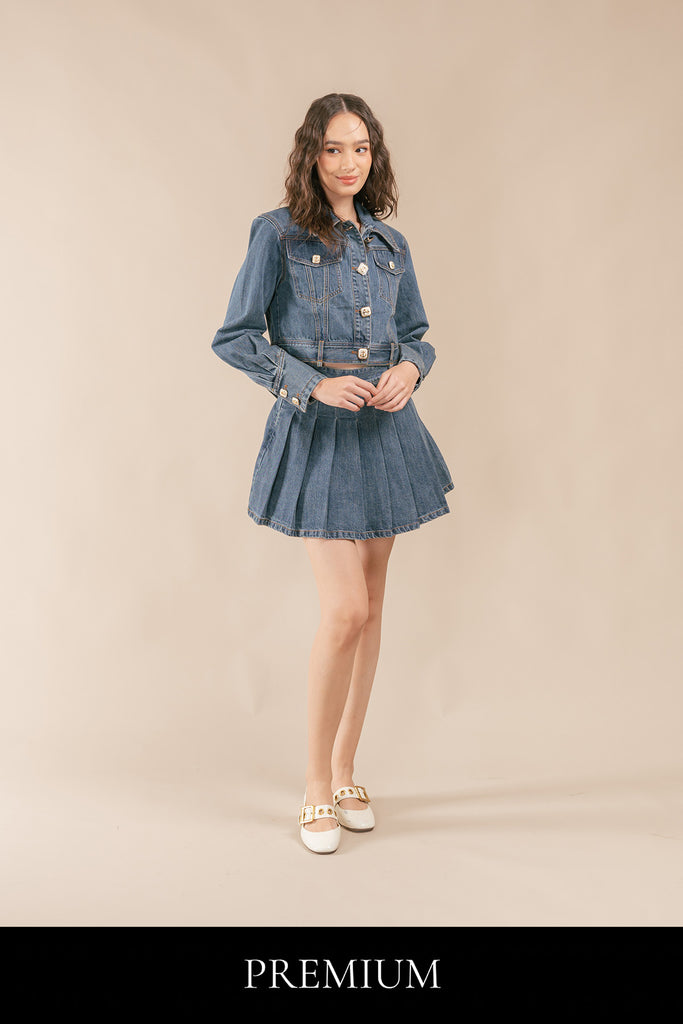 Yunessi Denim Cropped Jacket and Pleated Skirt Set