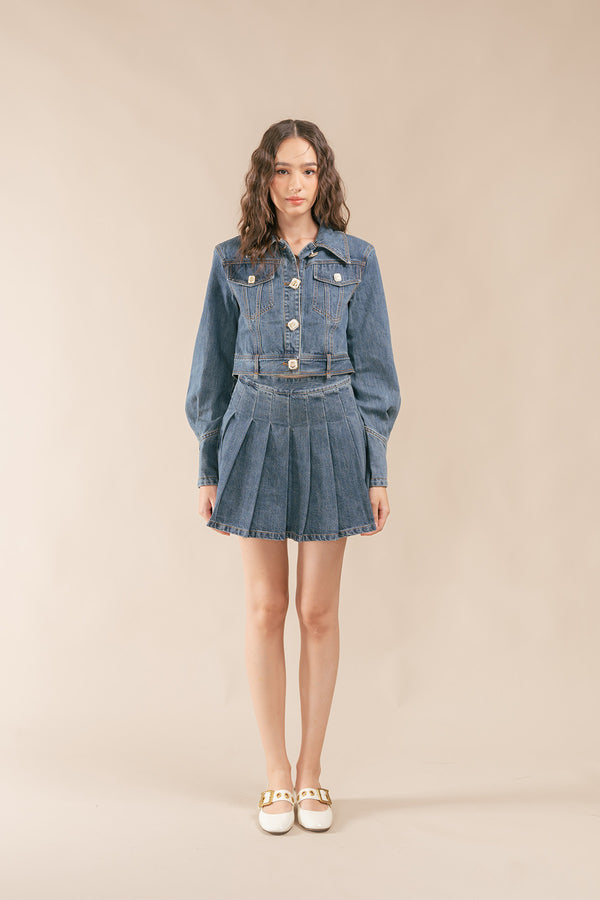 Yunessi Denim Cropped Jacket and Pleated Skirt Set