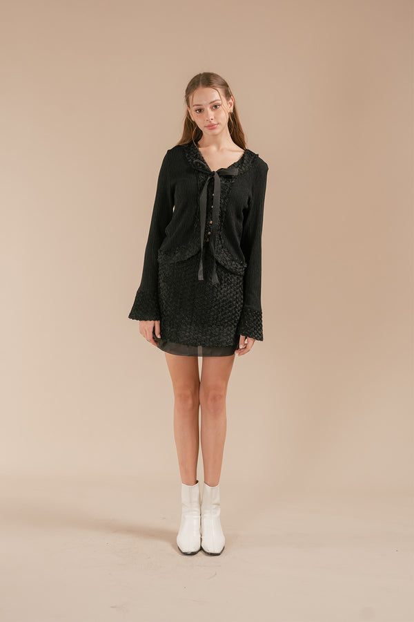 Yuvettia Textured Ribbon Cardigan and Short Dress Set