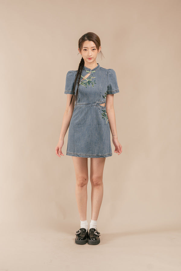 Zennine Denim Bamboo Cutout Short Cheongsam Dress