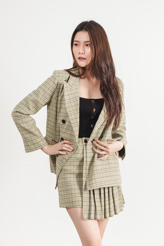 Double Breasted with Grid Print Blazer & Skirt Set – 26 INCHI