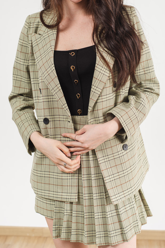 Double Breasted with Grid Print Blazer & Skirt Set – 26 INCHI